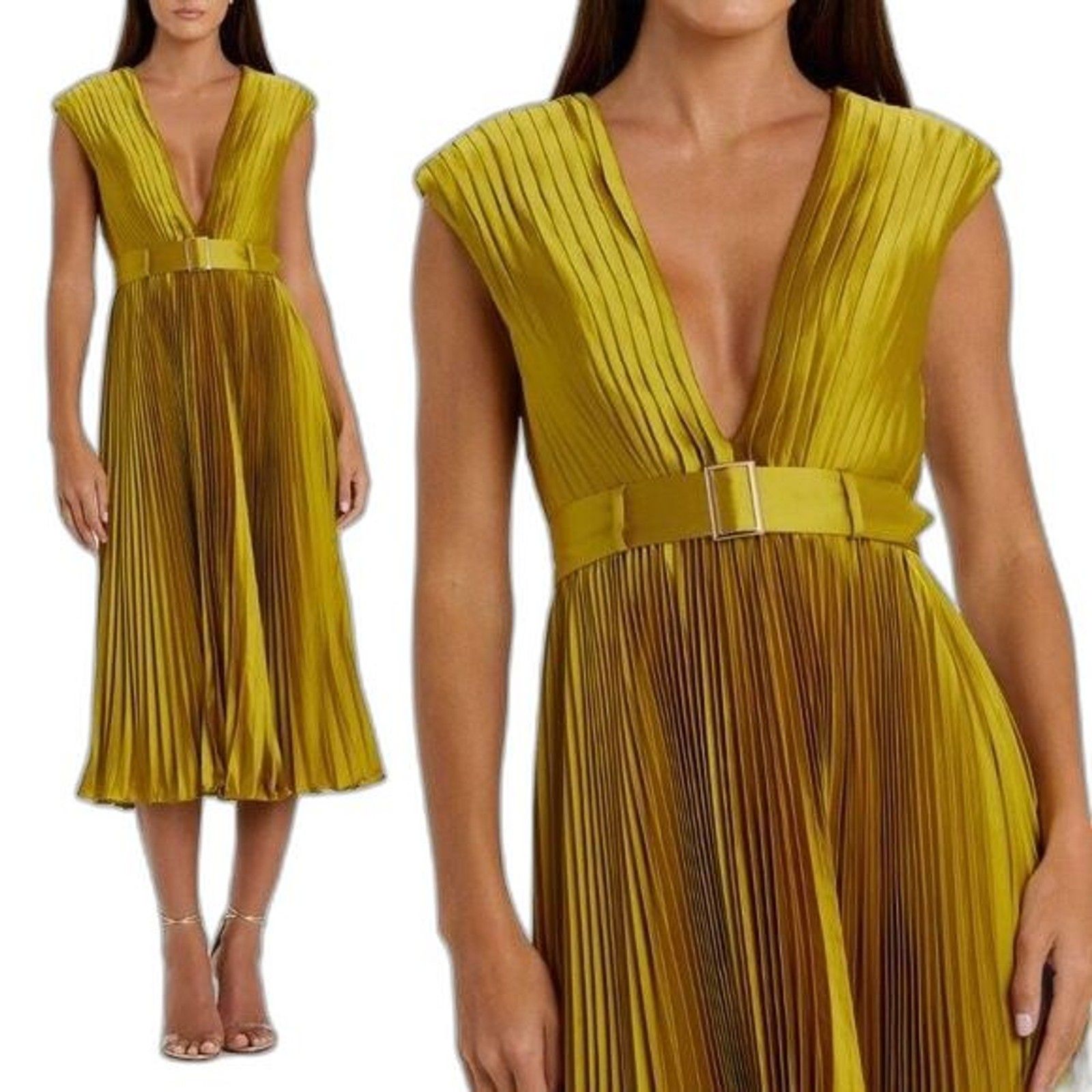 Mac Duggal 26483 Pleated Cap Sleeve Satin Midi Gown Size 10 Nwt Msrp $338